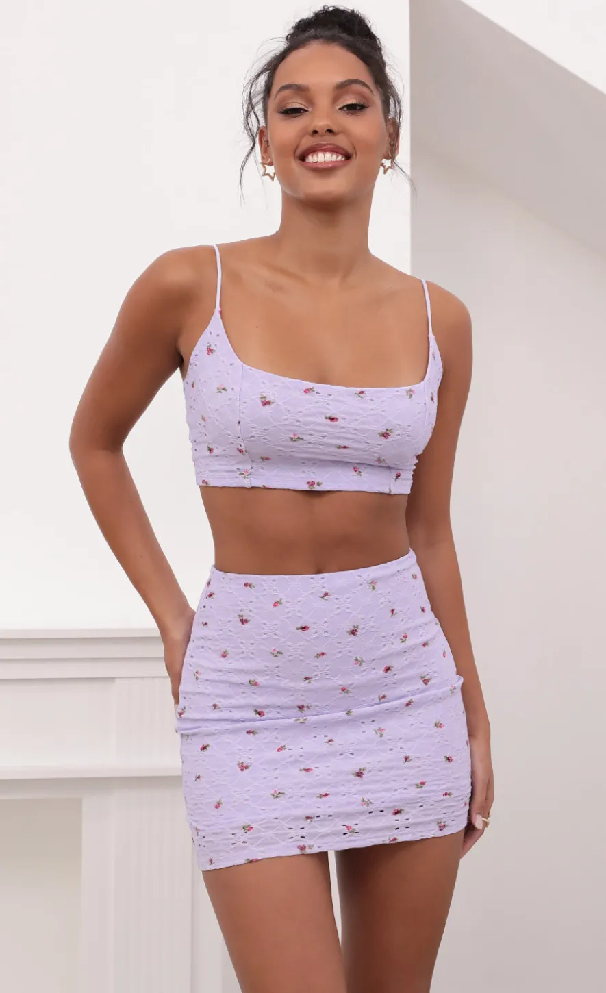 LUCY IN THE SKY Two-Piece Sets^Back Tie Crop Top Set In Lilac Floral Eyelet