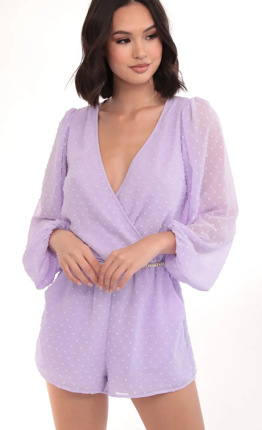LUCY IN THE SKY Rompers^Balloon Sleeve Romper In Lilac Dots