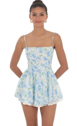 LUCY IN THE SKY Mini Dresses^Blue Floral Ruffle Romper In White