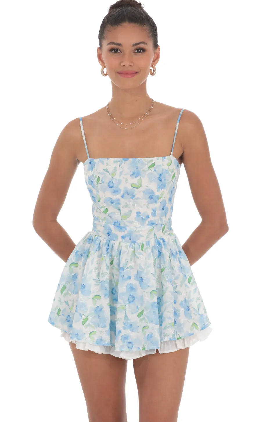 LUCY IN THE SKY Mini Dresses^Blue Floral Ruffle Romper In White