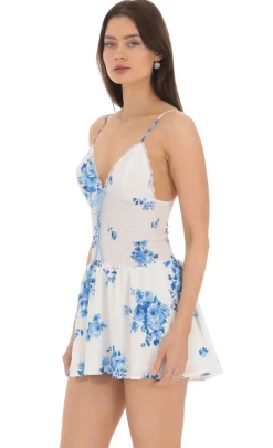 LUCY IN THE SKY Mini Dresses^Blue Floral Smocked Ruffle Dress In White