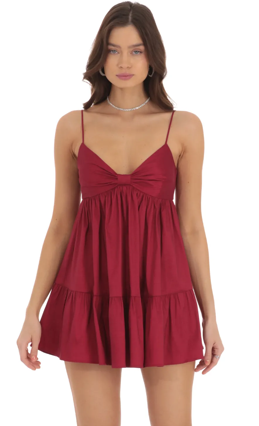 LUCY IN THE SKY Mini Dresses^Bow Babydoll Dress In Maroon