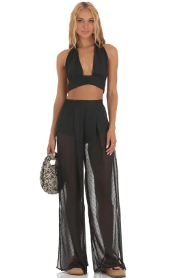 LUCY IN THE SKY Two-Piece Sets|Pants^Chiffon Dotted Three Piece Set In Black