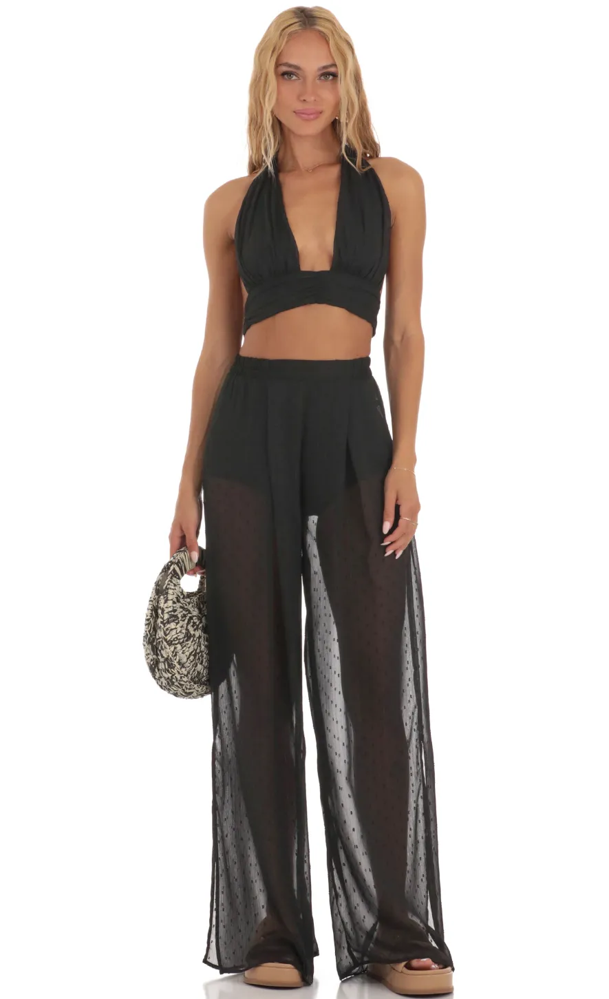 LUCY IN THE SKY Two-Piece Sets|Pants^Chiffon Dotted Three Piece Set In Black