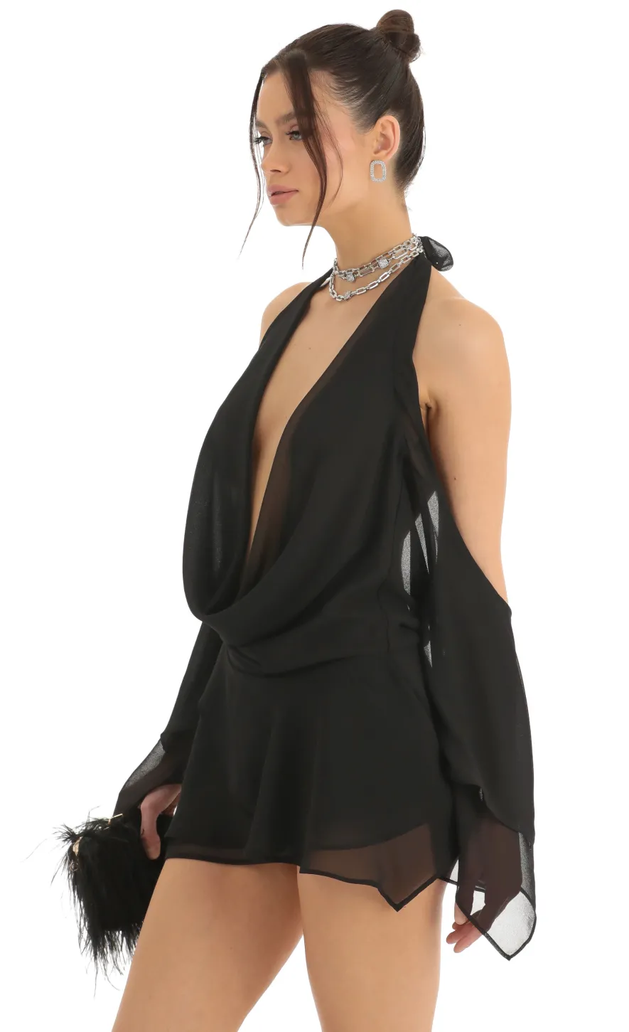 LUCY IN THE SKY Mini Dresses^Chiffon Draped Cowl Neck Dress In Black