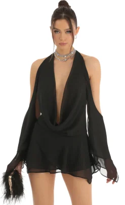 LUCY IN THE SKY Mini Dresses^Chiffon Draped Cowl Neck Dress In Black