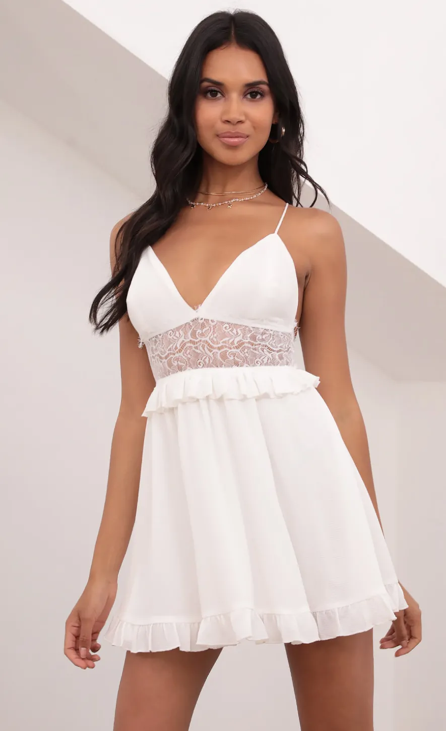 LUCY IN THE SKY Mini Dresses^Chiffon Lace Up Dress In White