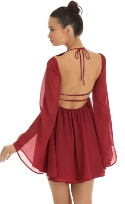 LUCY IN THE SKY Mini Dresses^Chiffon Plunge Neck Dress In Red