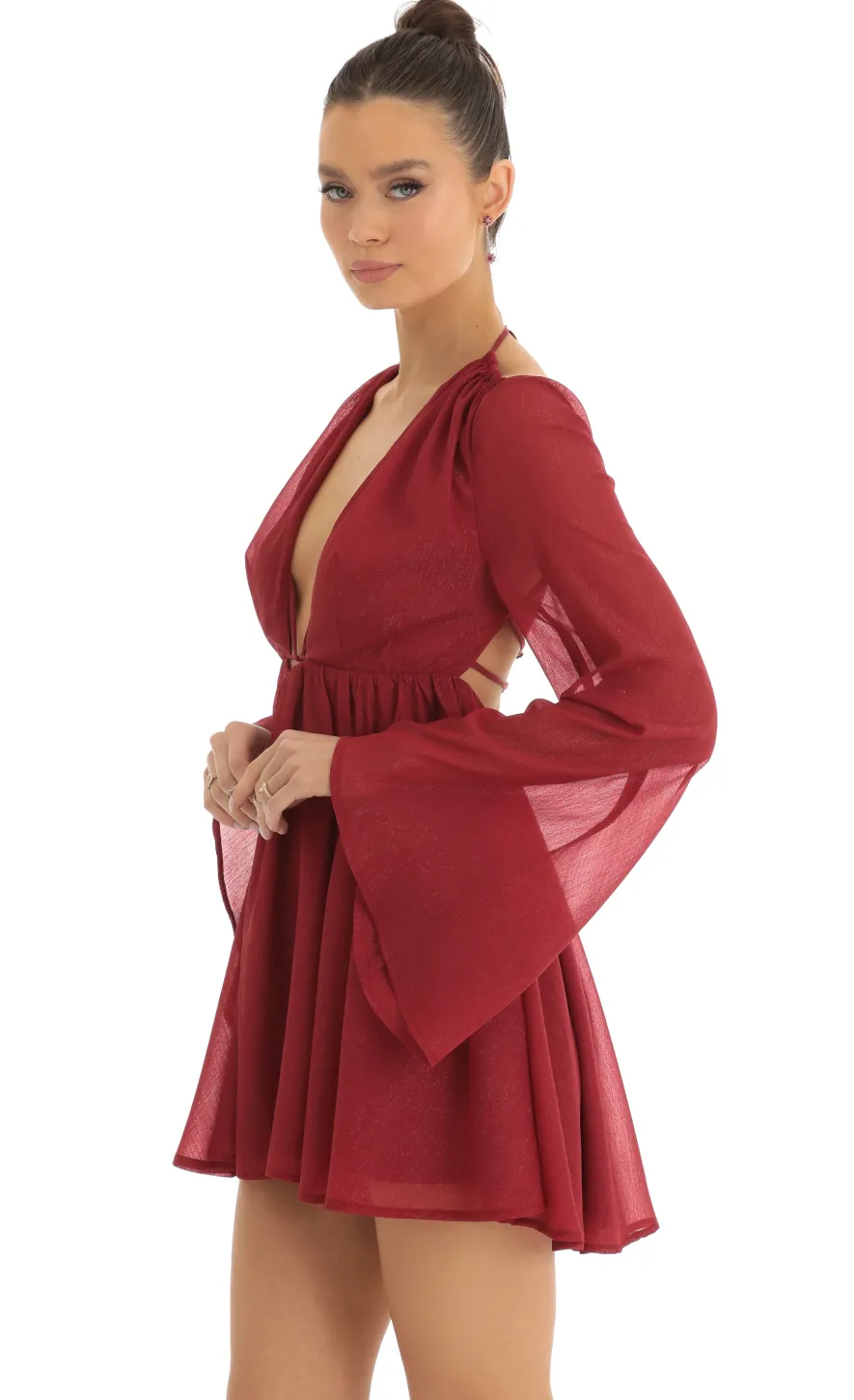 LUCY IN THE SKY Mini Dresses^Chiffon Plunge Neck Dress In Red
