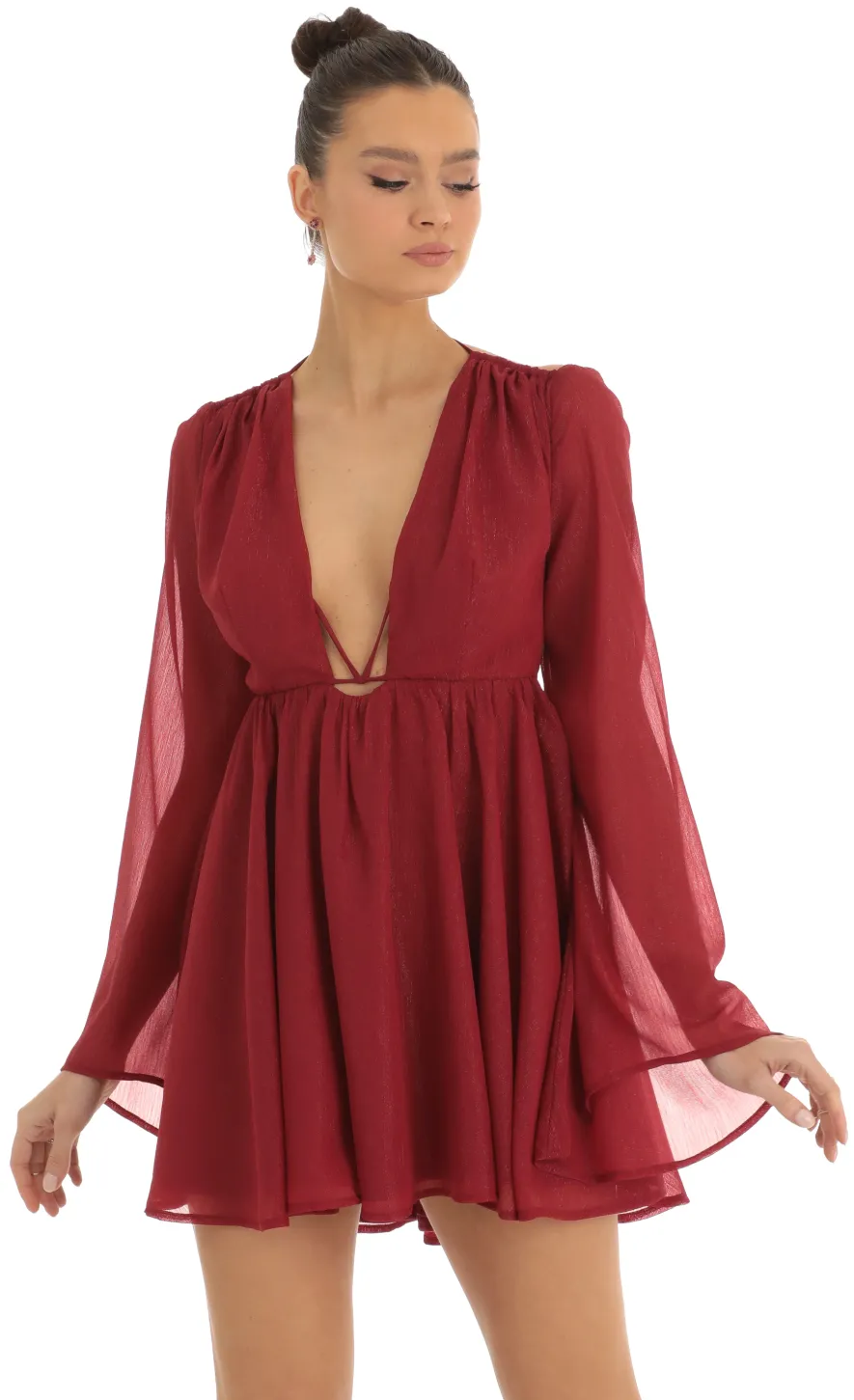 LUCY IN THE SKY Mini Dresses^Chiffon Plunge Neck Dress In Red