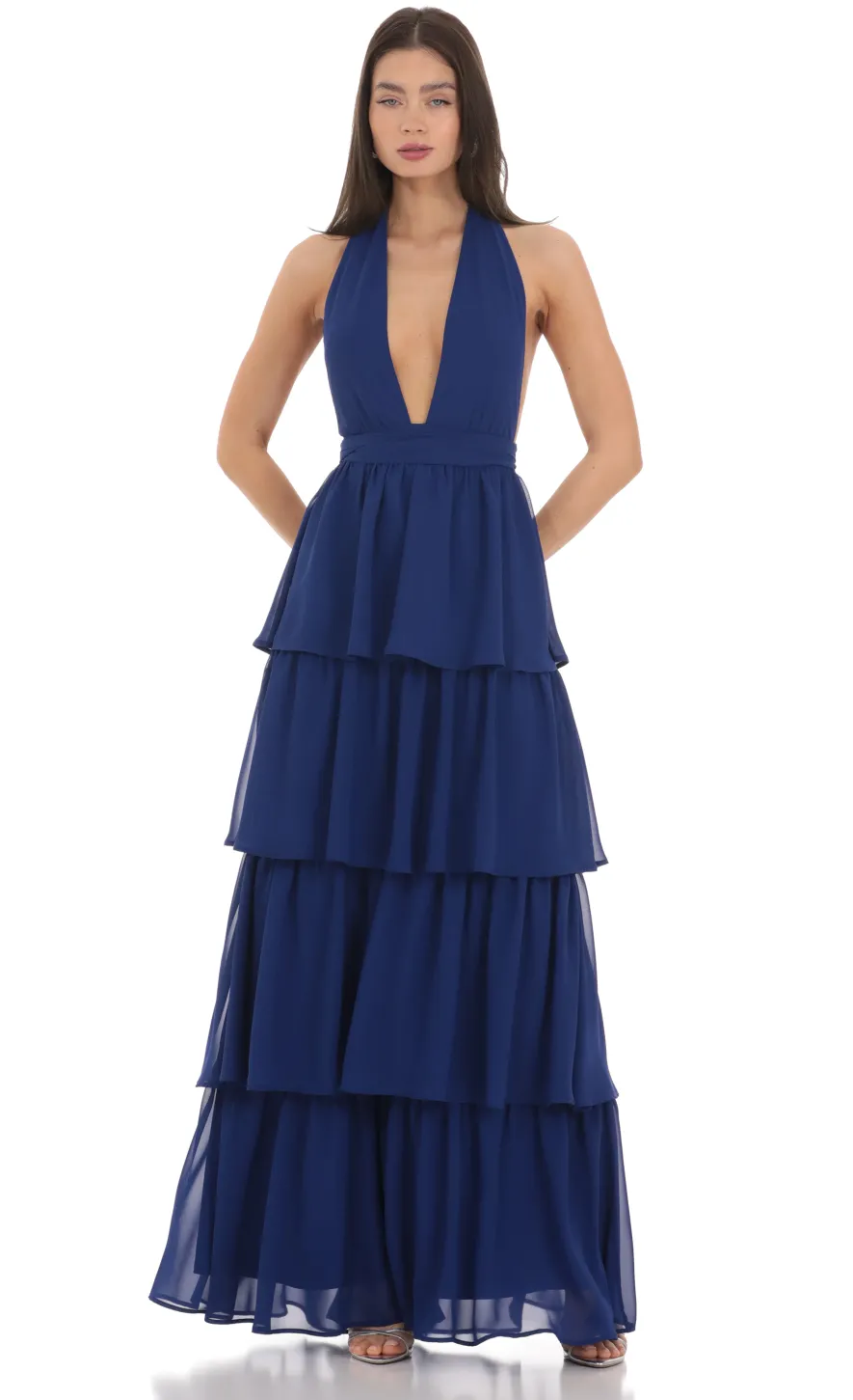 LUCY IN THE SKY Maxi Dresses^Chiffon Plunge Ruffle Dress In Blue