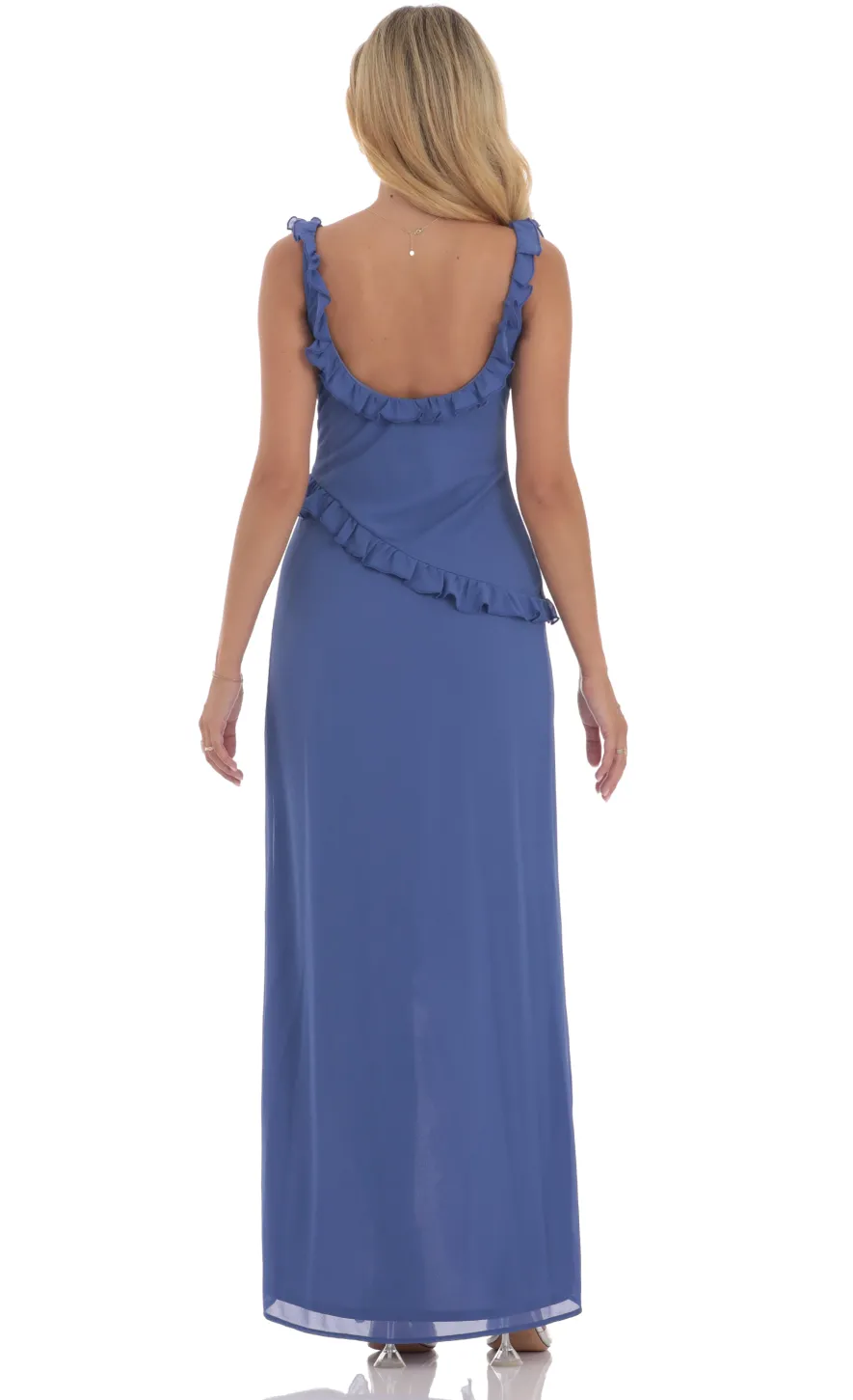 LUCY IN THE SKY Maxi Dresses^Chiffon Ruffle Dress In Slate Blue