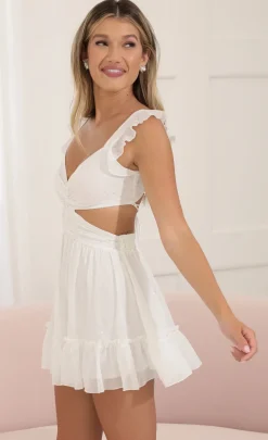 LUCY IN THE SKY Mini Dresses^Chiffon Striped Foil Ruffle Dress In White