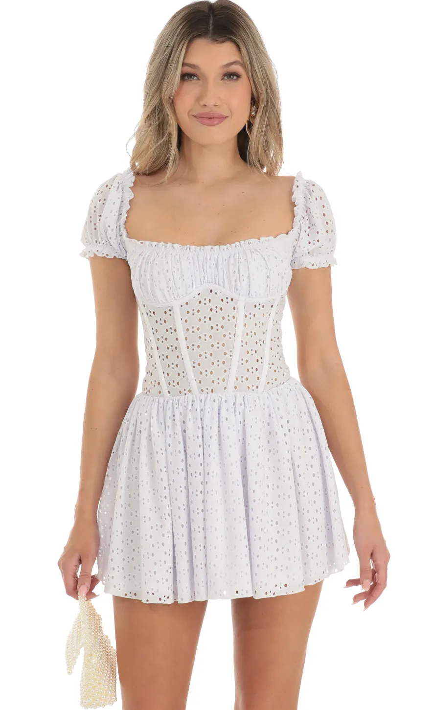 LUCY IN THE SKY Mini Dresses^Corset Puff Sleeve Dress In White
