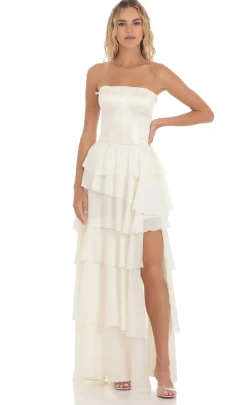 LUCY IN THE SKY Maxi Dresses^Corset Ruffle Strapless Maxi Dress In Cream