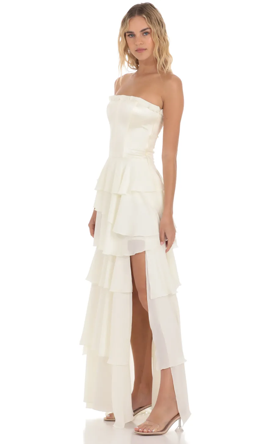 LUCY IN THE SKY Maxi Dresses^Corset Ruffle Strapless Maxi Dress In Cream