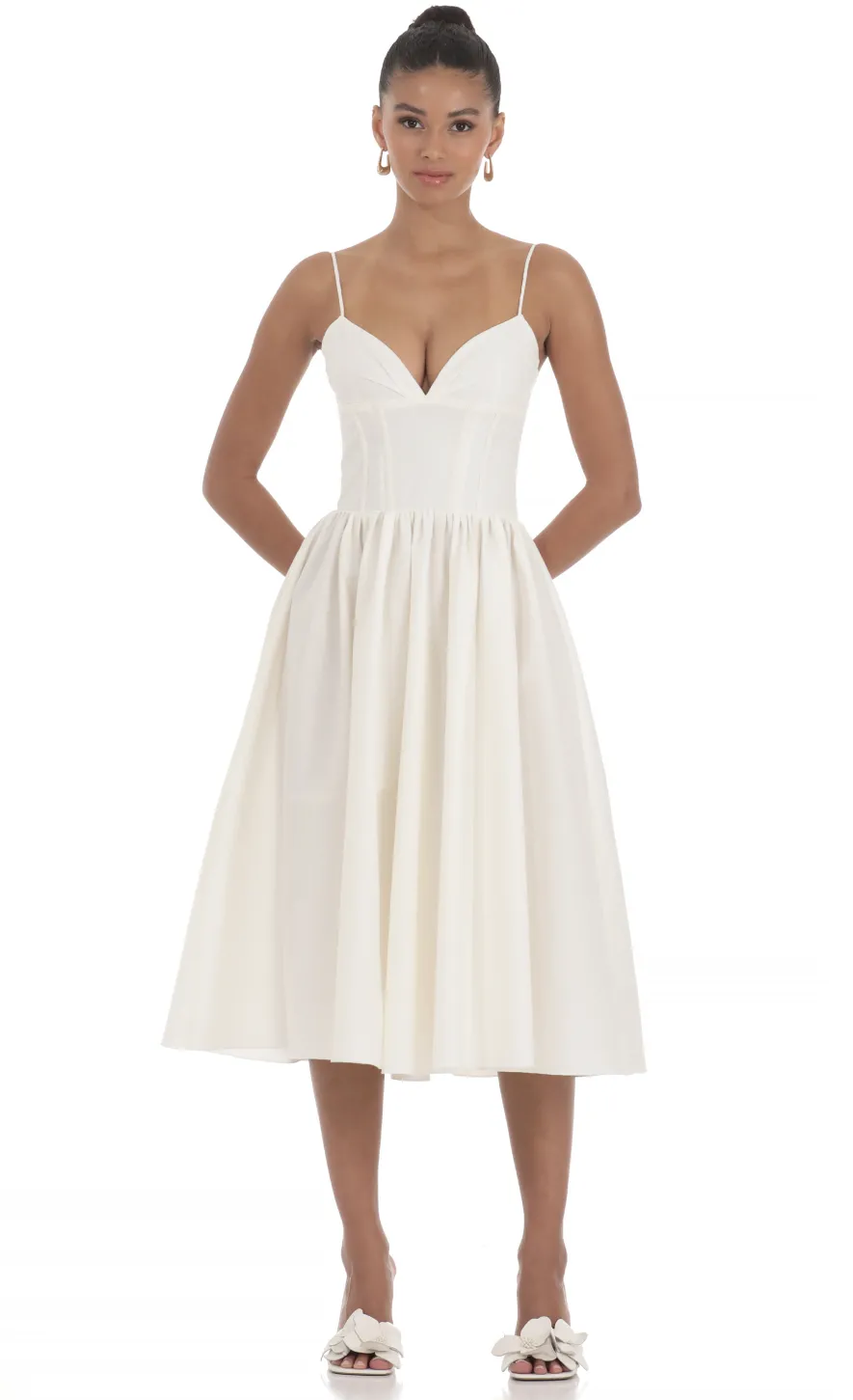 LUCY IN THE SKY Midi Dresses^Corset V-Neck Midi Dress In Ivory