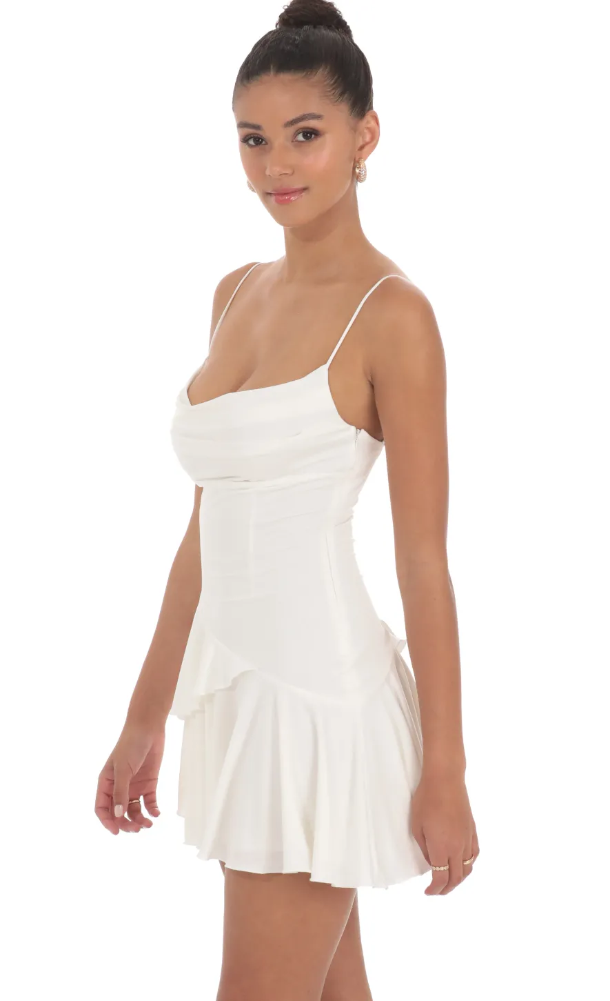 LUCY IN THE SKY Mini Dresses^Cowl Neck Asymmetrical Ruffle Dress In White