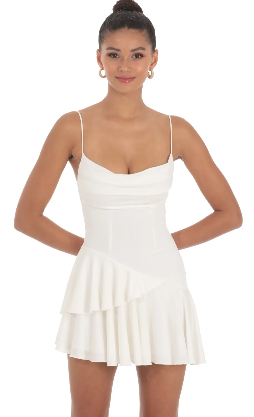 LUCY IN THE SKY Mini Dresses^Cowl Neck Asymmetrical Ruffle Dress In White
