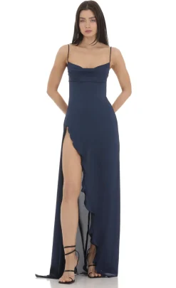 LUCY IN THE SKY Maxi Dresses^Cowl Neck Satin Open Back Maxi Dress In Navy