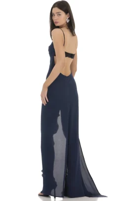 LUCY IN THE SKY Maxi Dresses^Cowl Neck Satin Open Back Maxi Dress In Navy