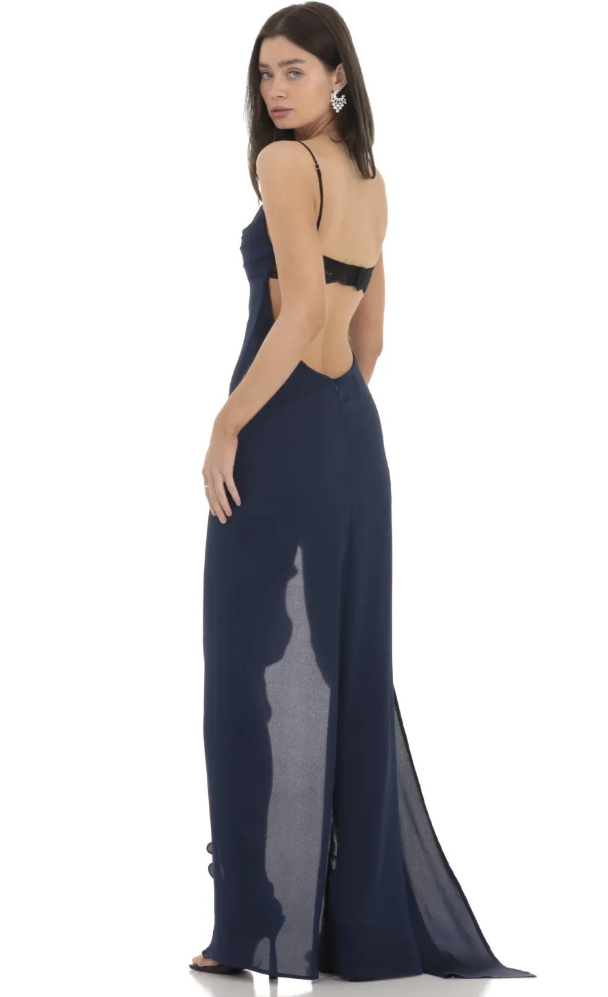LUCY IN THE SKY Maxi Dresses^Cowl Neck Satin Open Back Maxi Dress In Navy