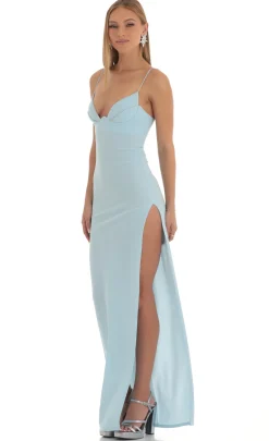 LUCY IN THE SKY Maxi Dresses^Crepe Rhinestone Corset Maxi Dress In Blue
