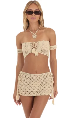 LUCY IN THE SKY Two-Piece Sets^Crochet Off Shoulder Two Piece Skirt Set In Beige