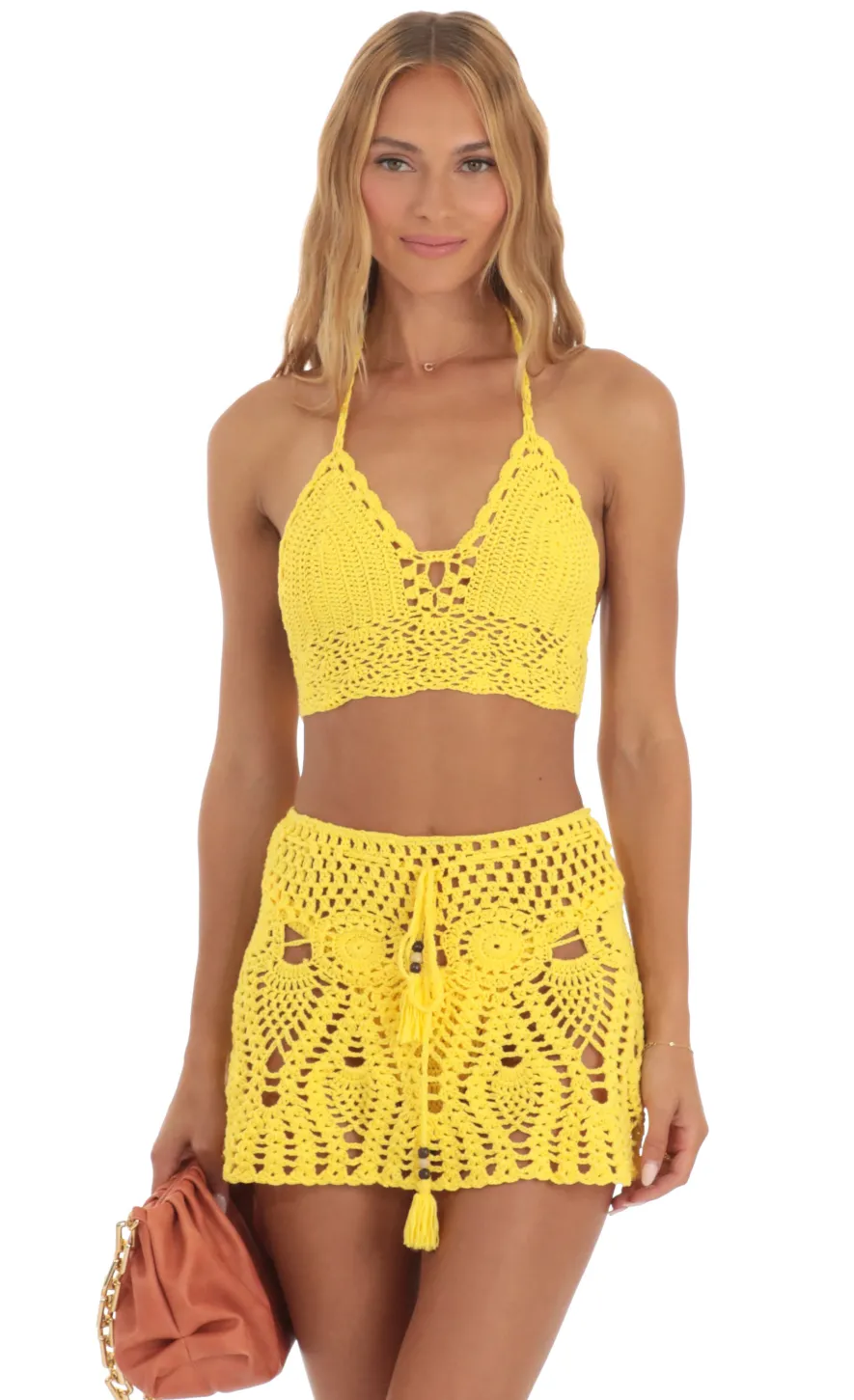 LUCY IN THE SKY Two-Piece Sets^Crochet Three Piece Skirt Set In Yellow