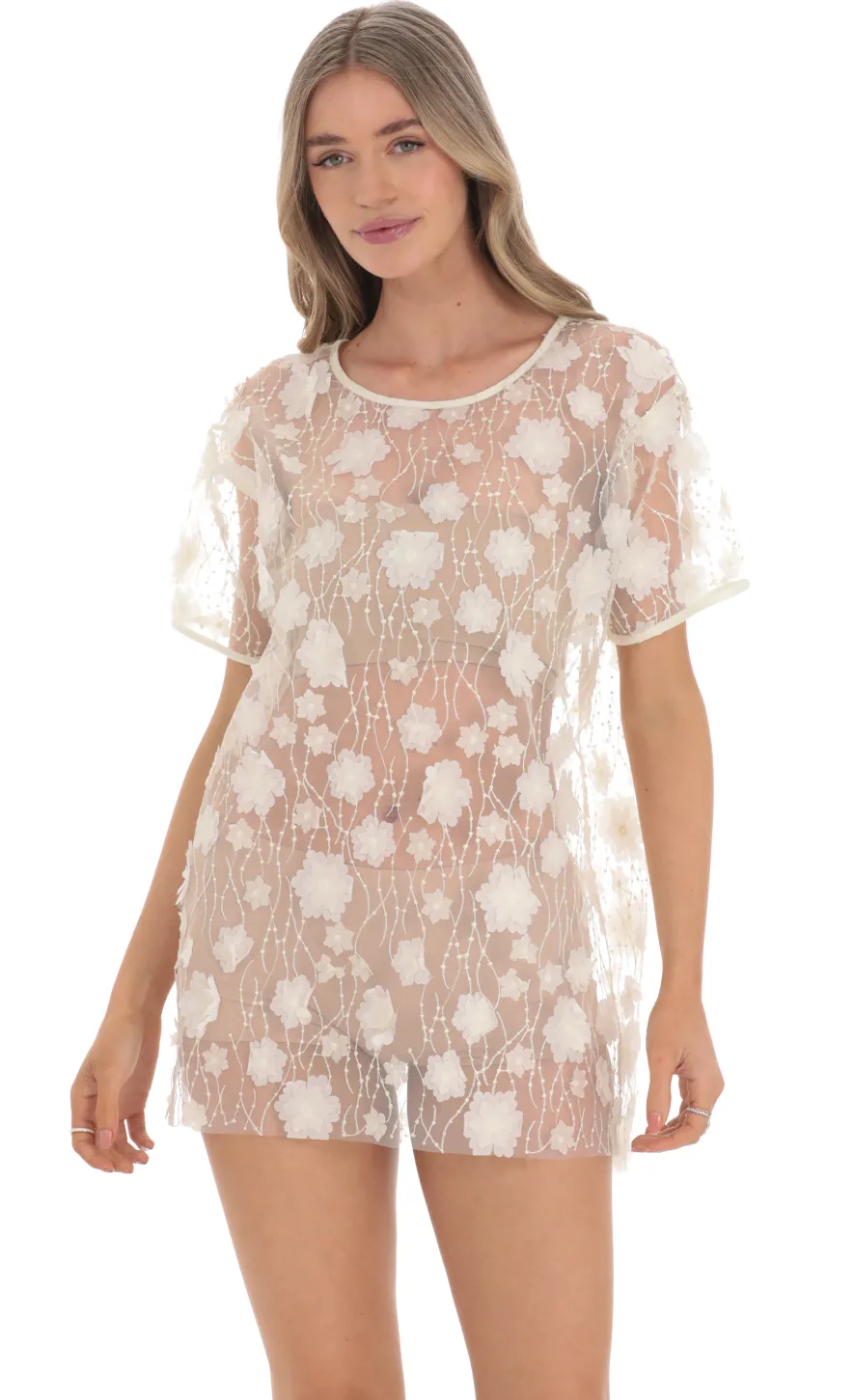 LUCY IN THE SKY Mini Dresses^3D Floral T-Shirt Dress In Cream