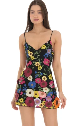 LUCY IN THE SKY Mini Dresses^3-D Flower V-Neck Dress In Black