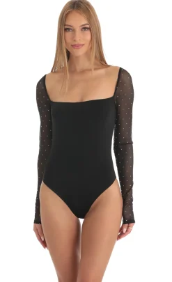 LUCY IN THE SKY Bodysuits^Diamond Glitter Square Neck Bodysuit In Black