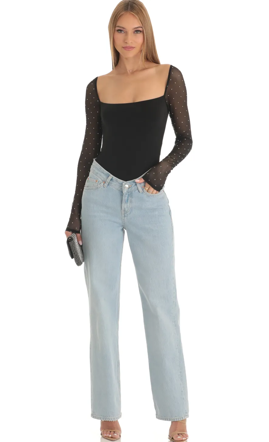 LUCY IN THE SKY Bodysuits^Diamond Glitter Square Neck Bodysuit In Black