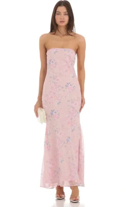 LUCY IN THE SKY Maxi Dresses^Dotted Floral Strapless Maxi Dress In Pink