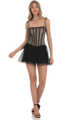 LUCY IN THE SKY Mini Dresses^Dotted Mesh Corset Dress In Black
