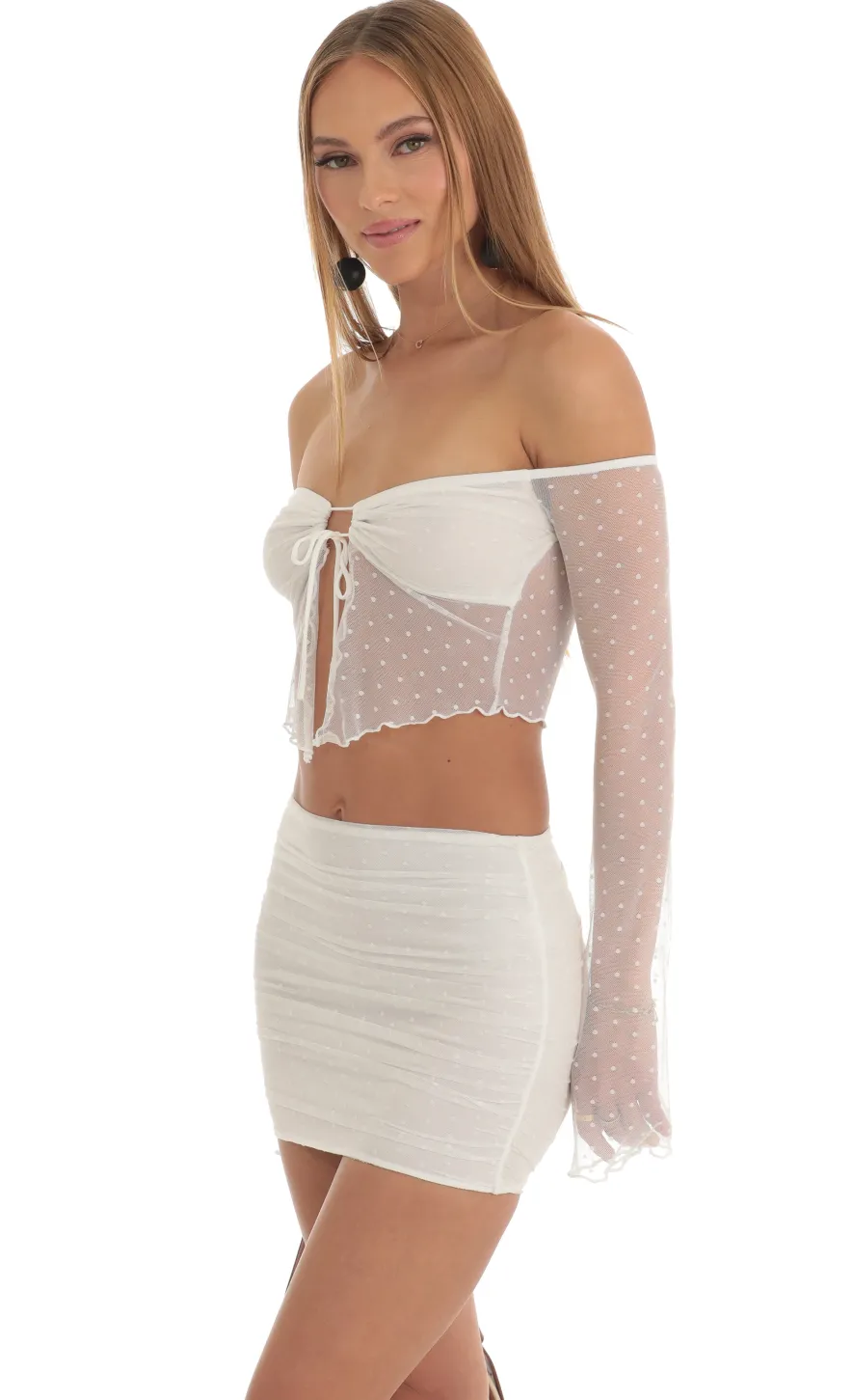 LUCY IN THE SKY Two-Piece Sets^Dotted Mesh Two Piece Skirt Set In White