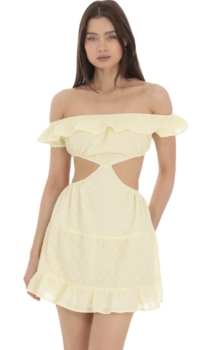 LUCY IN THE SKY Mini Dresses^Dotted Off Shoulder Cutout Dress In Yellow