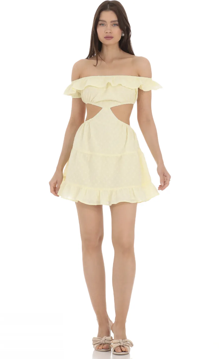 LUCY IN THE SKY Mini Dresses^Dotted Off Shoulder Cutout Dress In Yellow
