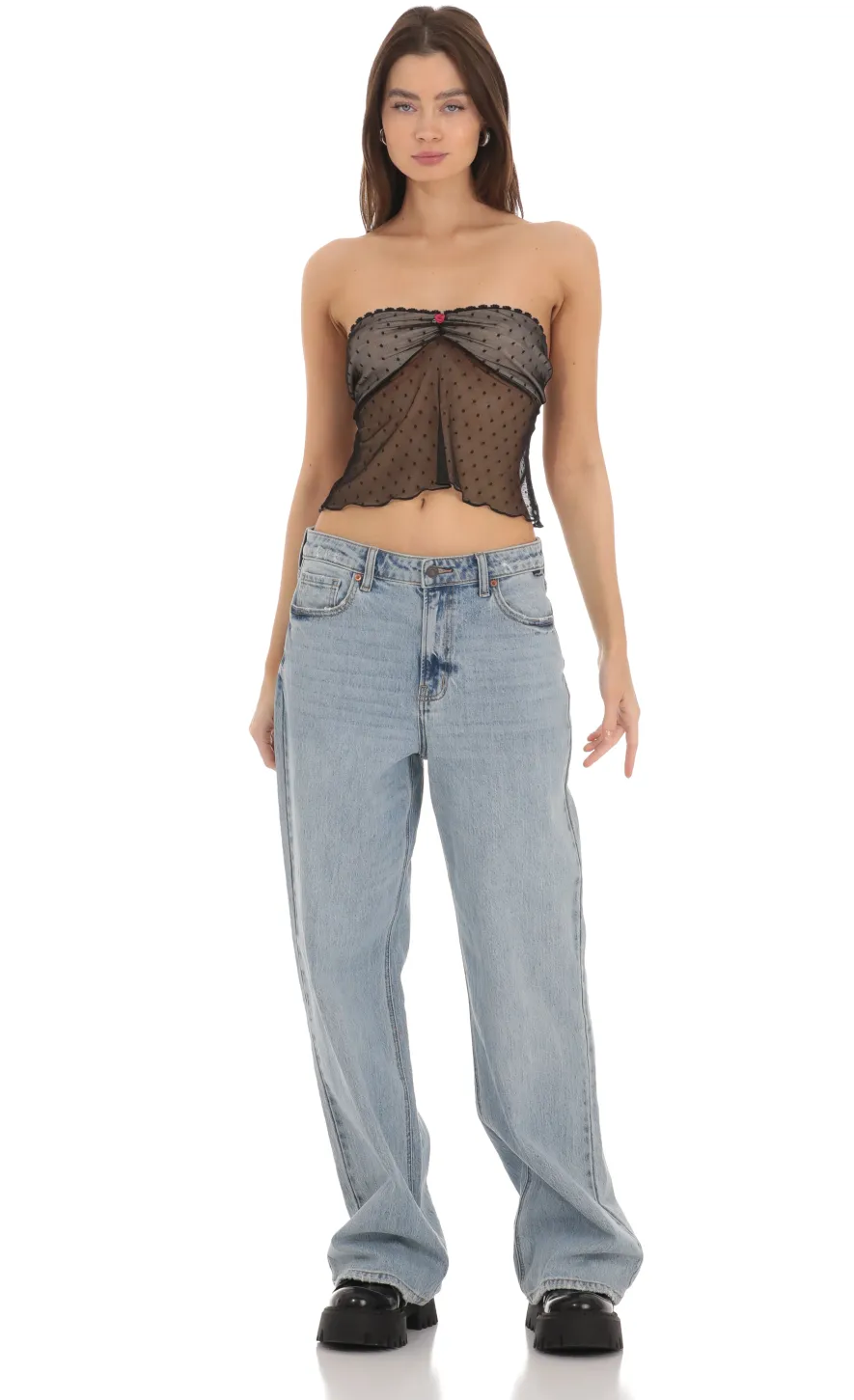 LUCY IN THE SKY Tops^Dotted Strapless Babydoll Top In Black