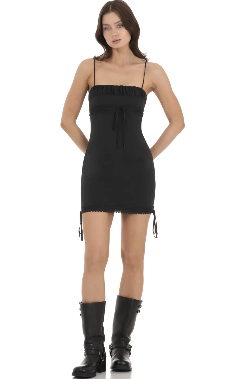 LUCY IN THE SKY Mini Dresses^Embroider Ties Dress In Black