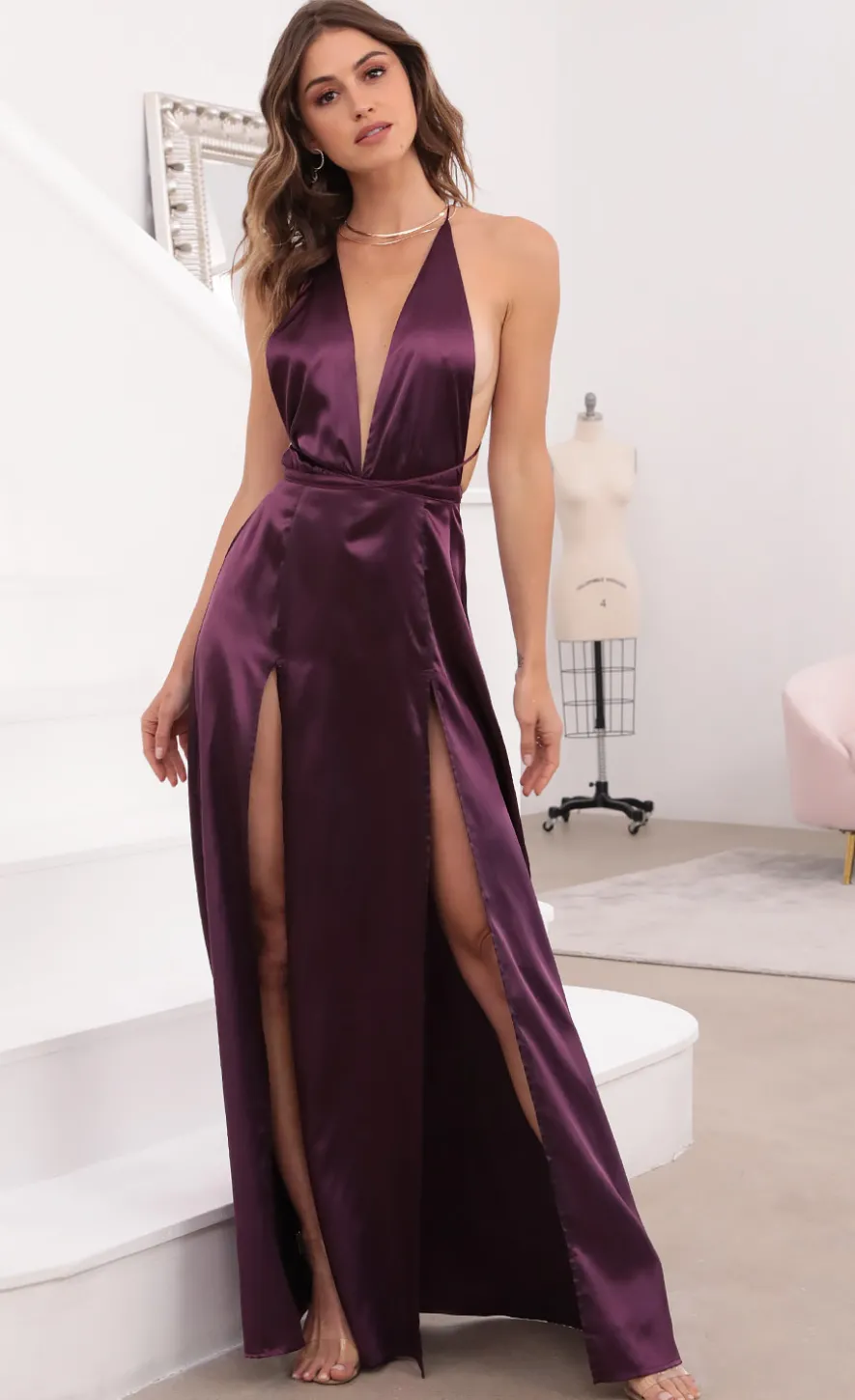LUCY IN THE SKY Maxi Dresses^Flashing Lights Maxi Dress In Purple Satin