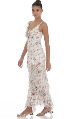 LUCY IN THE SKY Maxi Dresses^Floral Chiffon Ruffle Maxi Dress In White