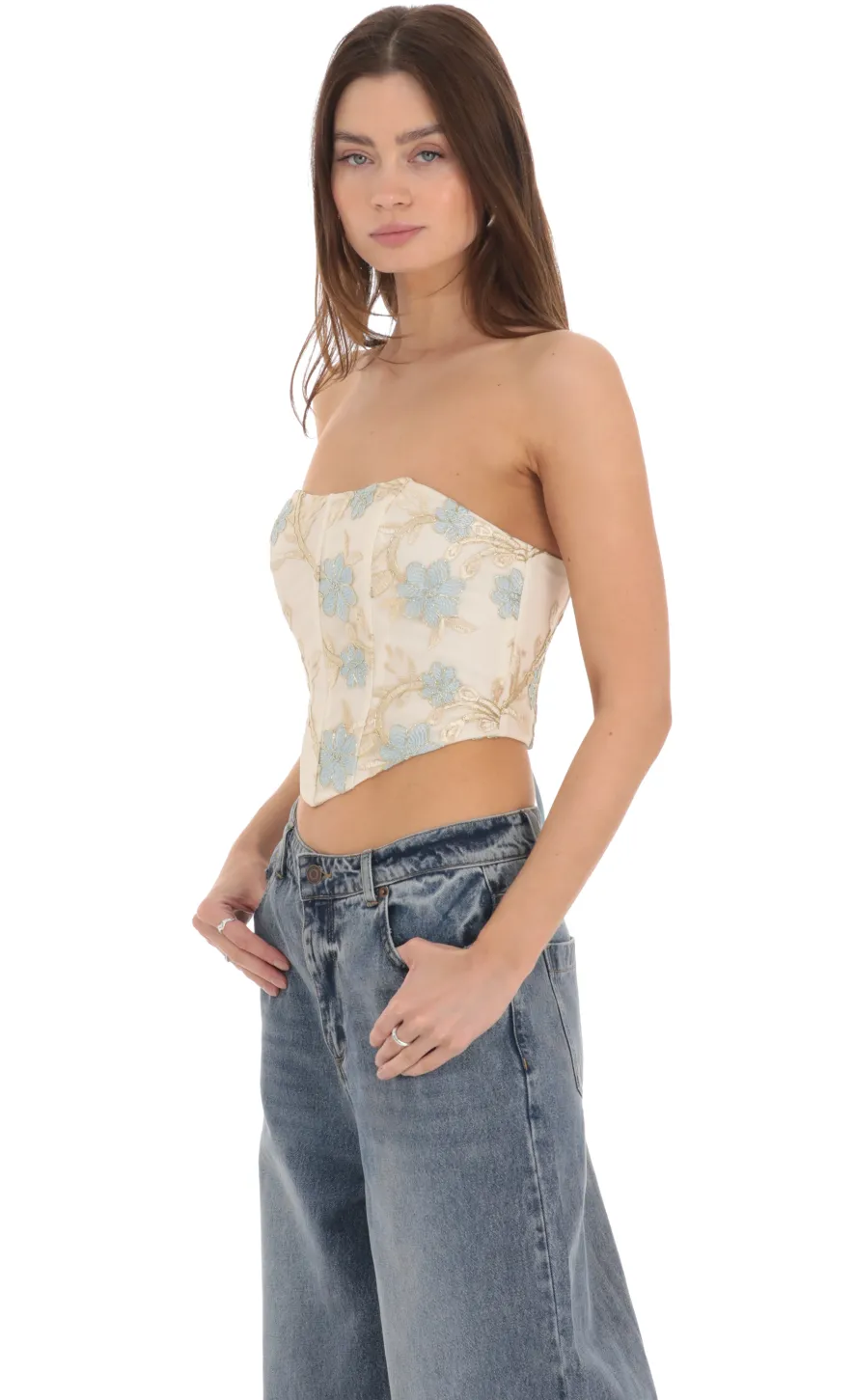 LUCY IN THE SKY Tops^Floral Embroidered Corset Top On Cream