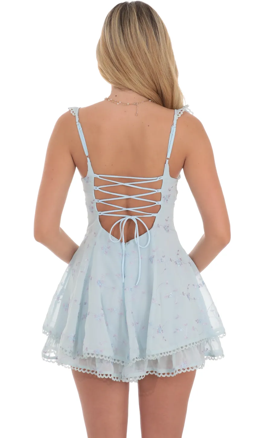 LUCY IN THE SKY Mini Dresses^Floral Embroidered Sweetheart Neck Romper In Blue