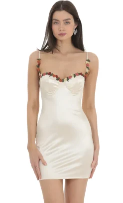 LUCY IN THE SKY Mini Dresses^Floral Embroidered Trim Satin Dress In Cream