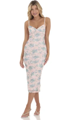 LUCY IN THE SKY Midi Dresses^Floral Lace Bodycon Midi Dress In Pink