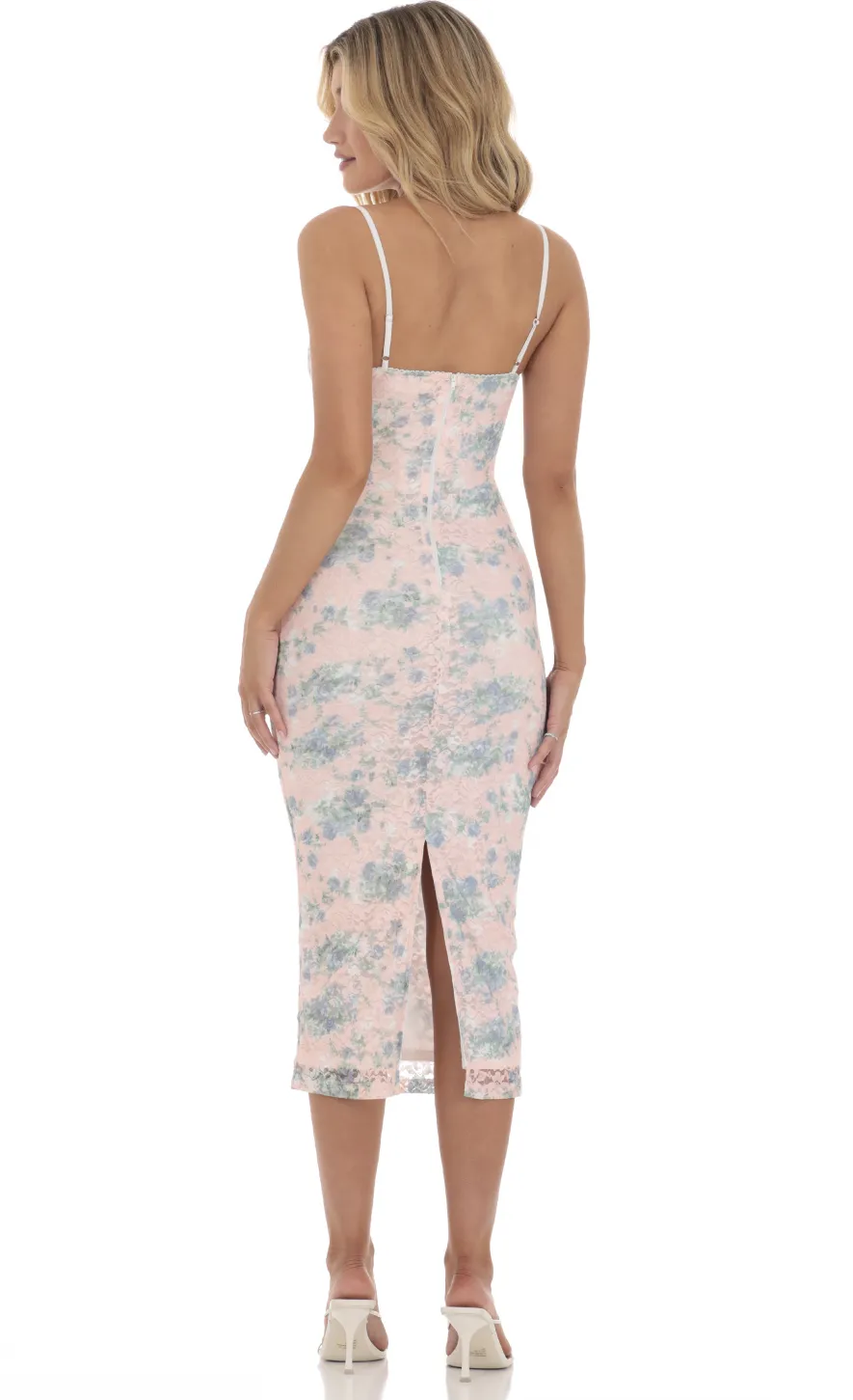 LUCY IN THE SKY Midi Dresses^Floral Lace Bodycon Midi Dress In Pink