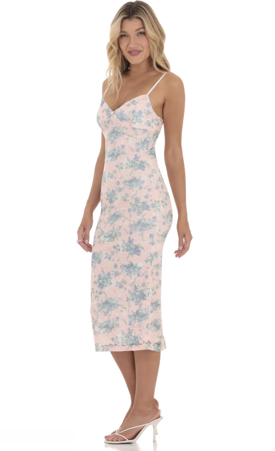 LUCY IN THE SKY Midi Dresses^Floral Lace Bodycon Midi Dress In Pink