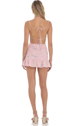 LUCY IN THE SKY Mini Dresses^Floral Open Back Ruched Ruffle Dress In Pink