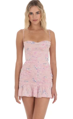 LUCY IN THE SKY Mini Dresses^Floral Open Back Ruched Ruffle Dress In Pink
